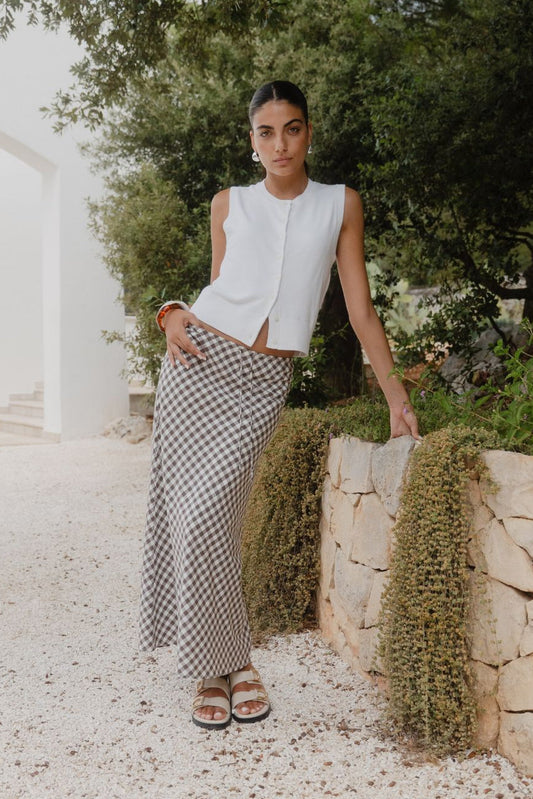 AMONG THE BRAVE SUMMIT CHOCOLATE GINGHAM COTTON BLEND TIE WAIST BIAS MAXI SKIRT - THE VOGUE STORE 