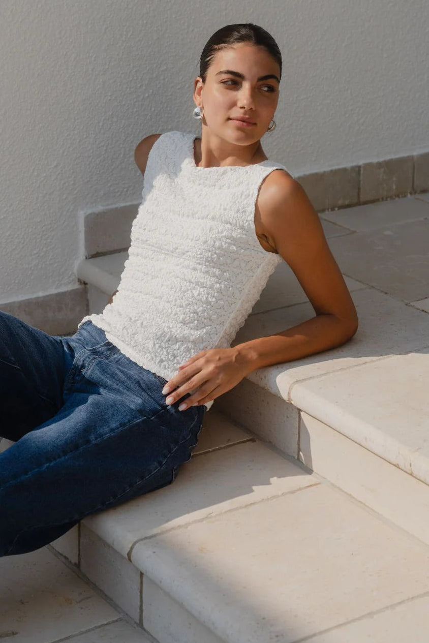 AMONG THE BRAVE UNTAMED IVORY LACE SLEEVELESS BOATNECK TOP - THE VOGUE STORE