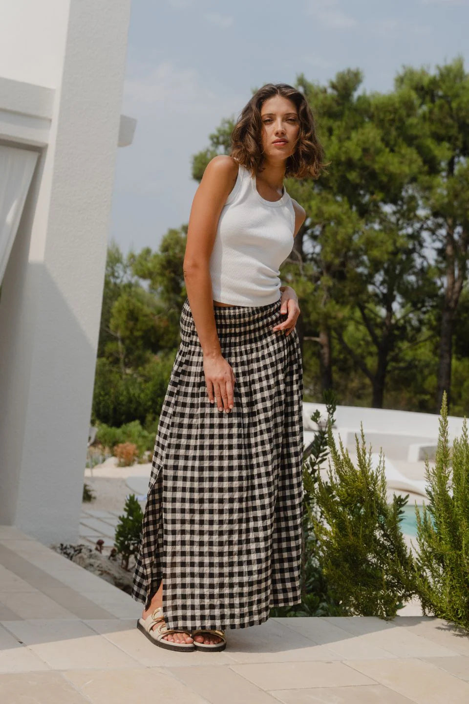 IVY + JACK CHEERFUL BLACK GINGHAM COTTON SHIRRED WAIST MAXI SKIRT - THE VOGUE STORE
