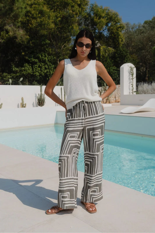 STORIES BE TOLD CONDUCT KHAKI MAZE PRINT PULL ON PANTS - THE VOGUE STORE