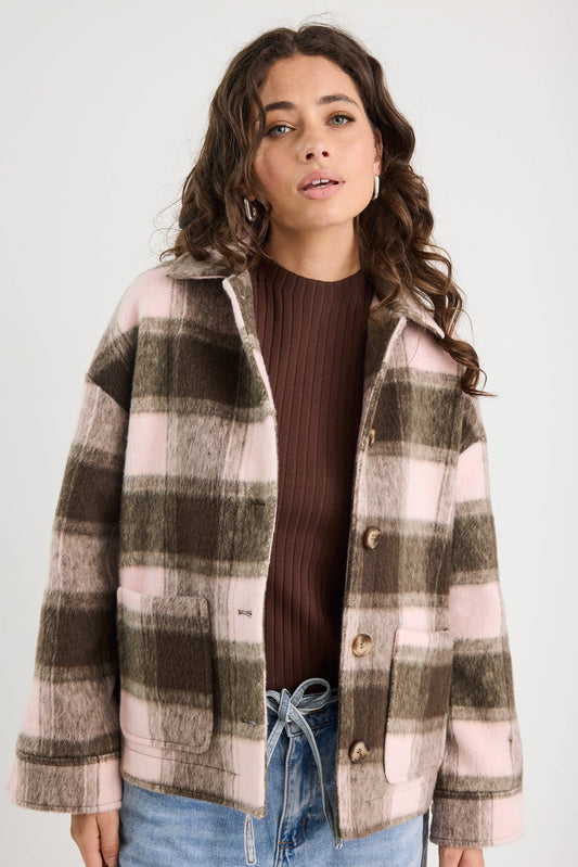 STORIES BE TOLD SOLACE CHOCOLATE PINK CHECK OVERSIZED SHACKET - THE VOGUE STORE