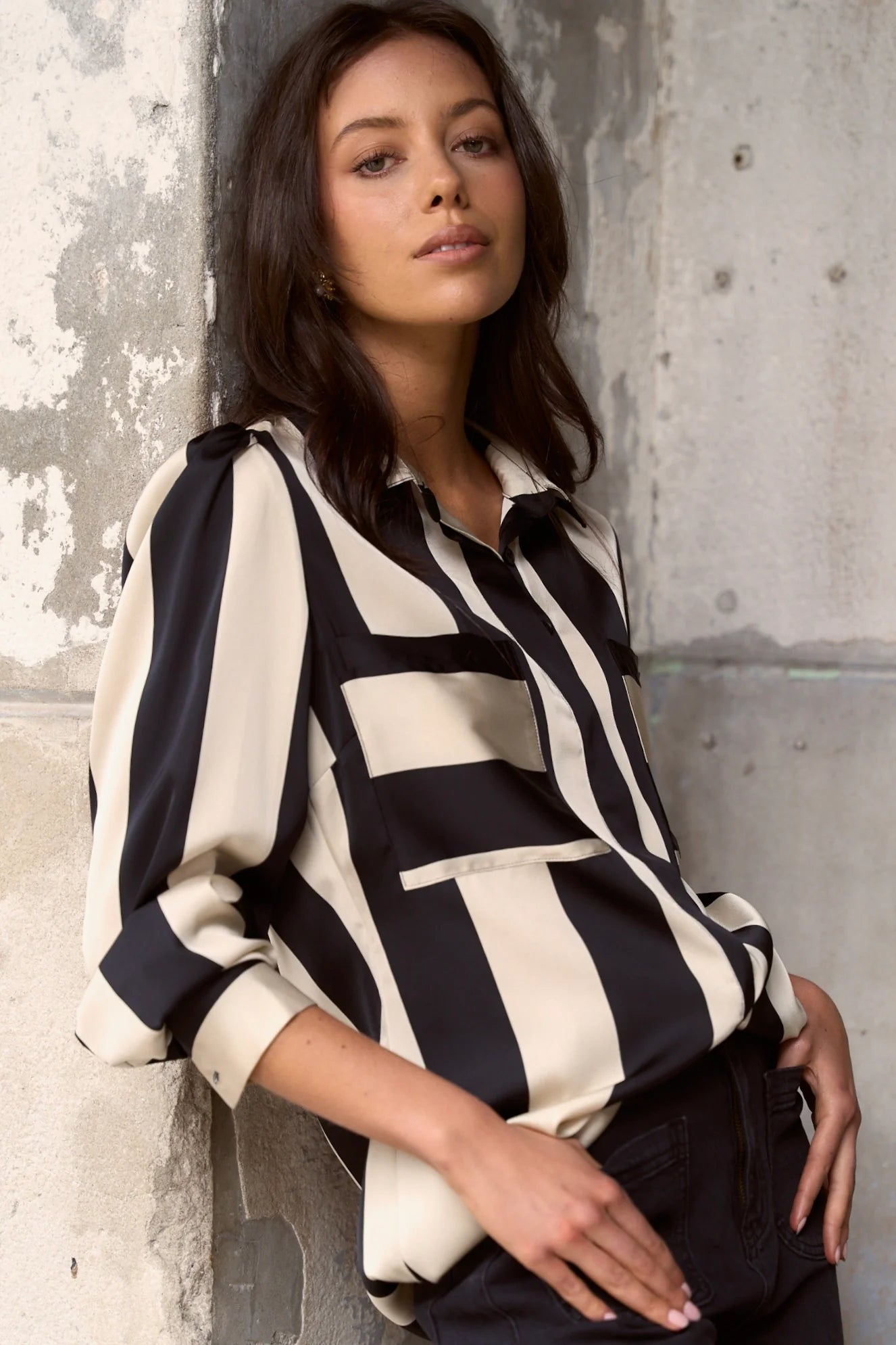 AMONG THE BRAVE SOLIDFY BLACK SAND STRIPE LS BLOUSE - BLACK/SAND STRIPE - THE VOGUE STORE