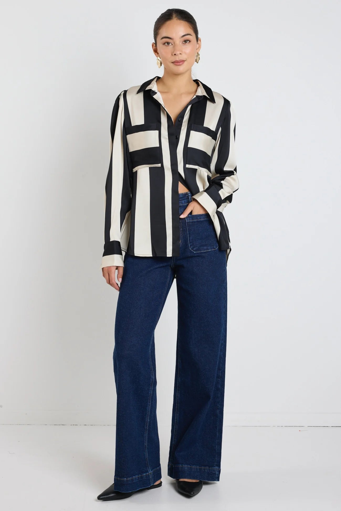 AMONG THE BRAVE SOLIDFY BLACK SAND STRIPE LS BLOUSE - BLACK/SAND STRIPE - THE VOGUE STORE