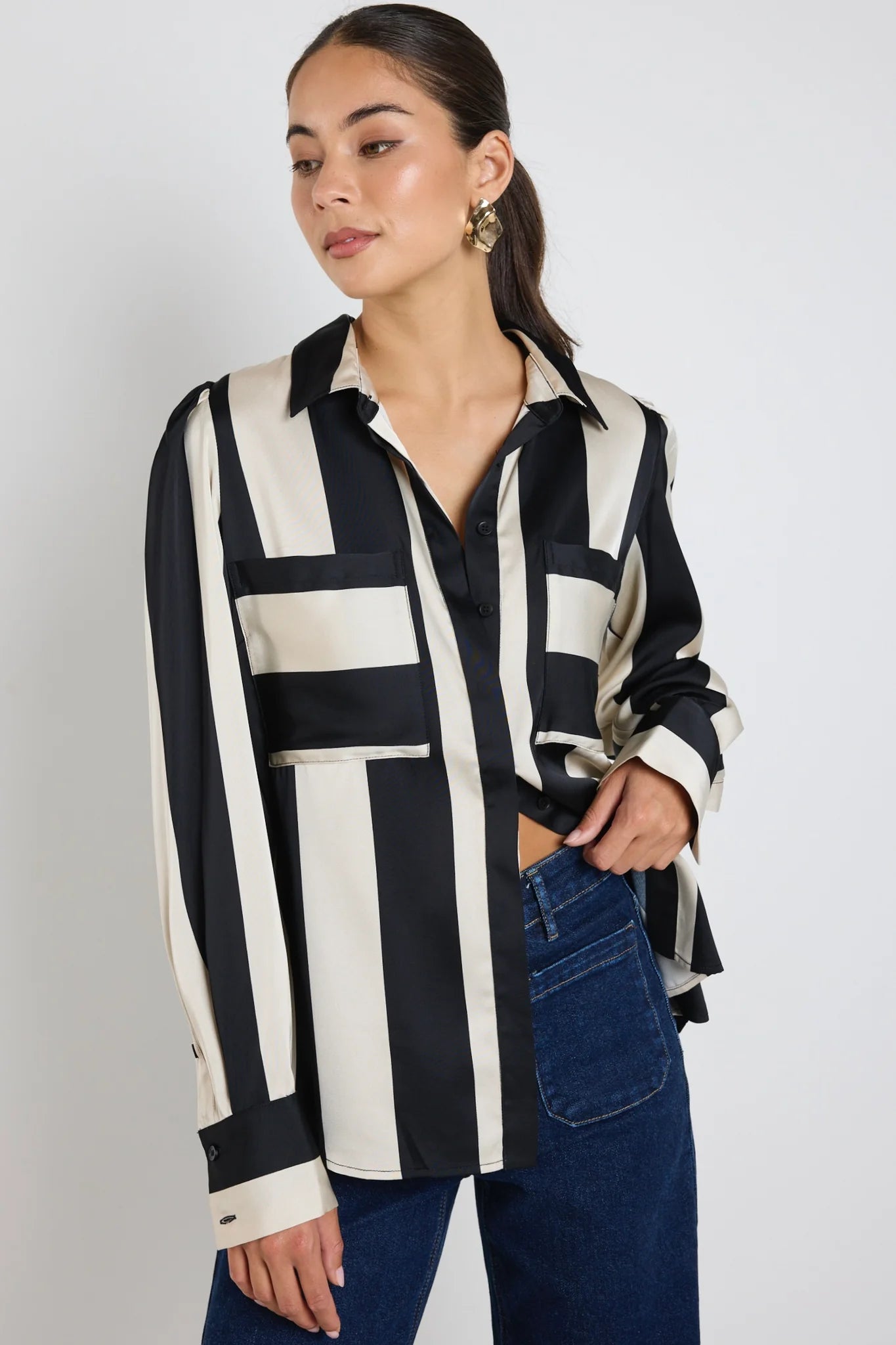 AMONG THE BRAVE SOLIDFY BLACK SAND STRIPE LS BLOUSE - BLACK/SAND STRIPE - THE VOGUE STORE