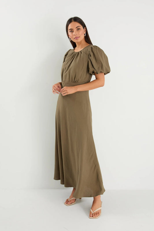 STORIES BE TOLD STAGE KHAKI PUFF SLEEVE FLOATY MAXI DRESS  - THE VOGUE STORE