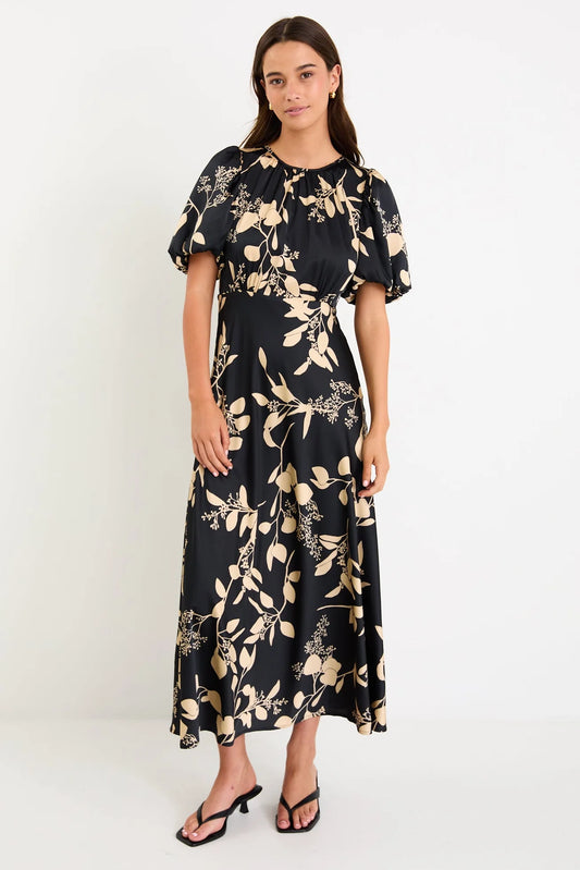 STORIES BE TOLD STAGE BLACK BEIGE FLORAL SATIN PUFF SLEEVE FLOATY MAXI DRESS - THE VOGUE STORE