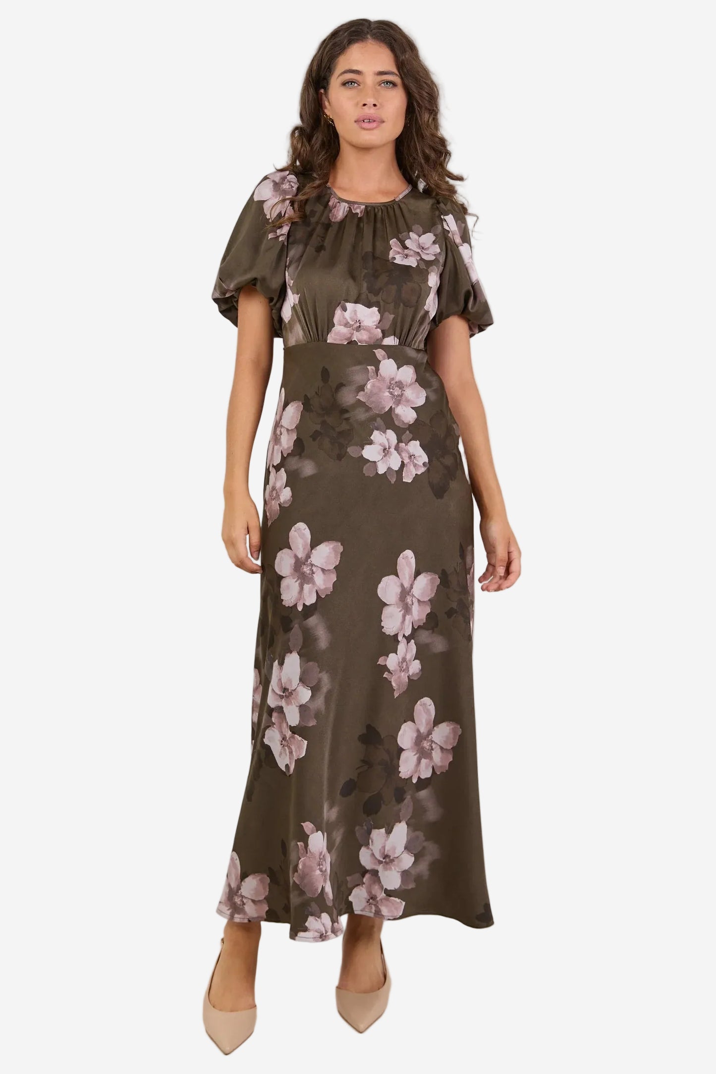 STORIES BE TOLD STAGE COCOA BLOSSOM FLORAL SATIN MAXI DRESS - THE VOGUE STORE