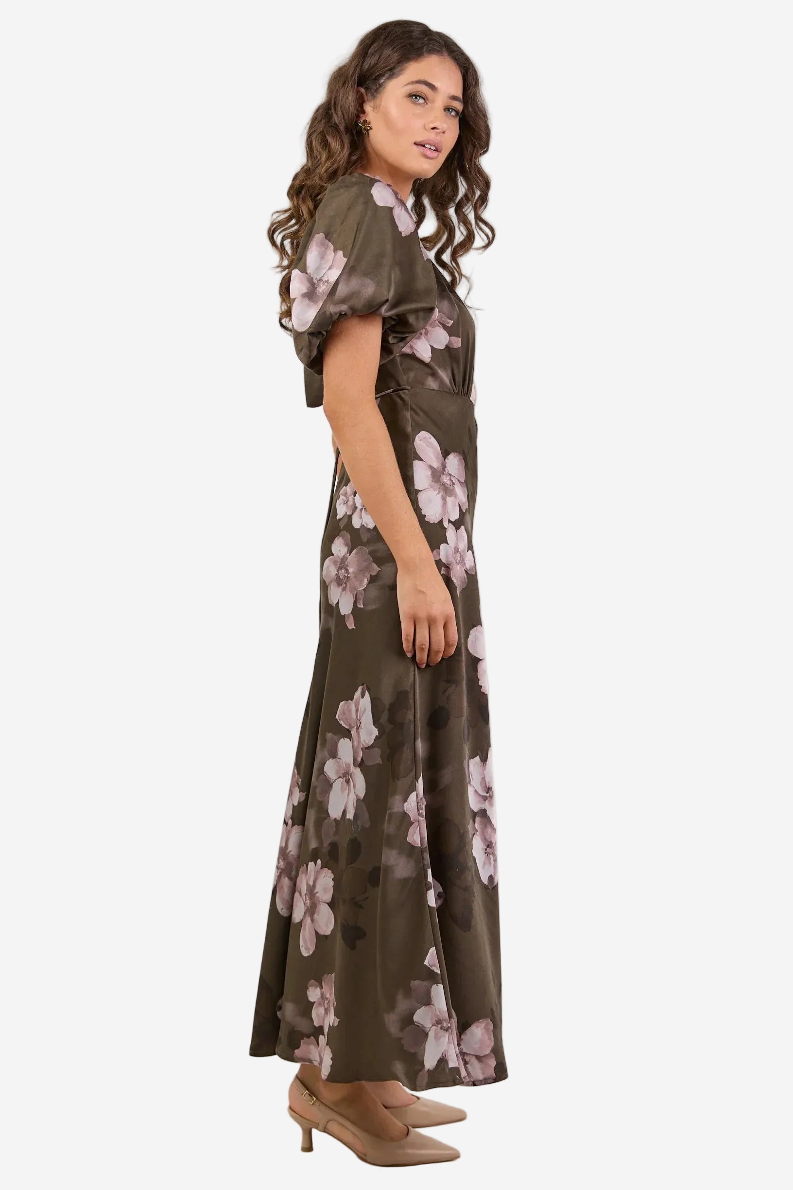 STORIES BE TOLD STAGE COCOA BLOSSOM FLORAL SATIN MAXI DRESS - THE VOGUE STORE