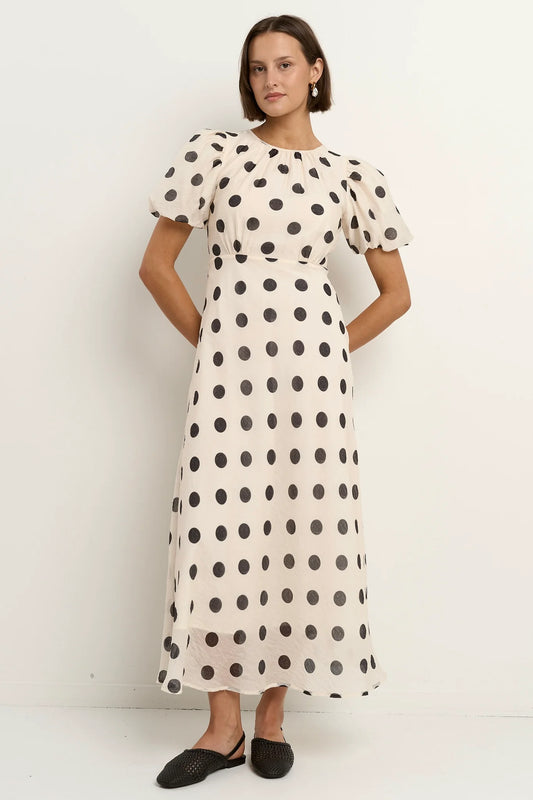 STORIES BE TOLD STAGE CREAM BLACK POLKA DOT PUFF SLEEVE FLOATY MAXI DRESS - THE VOGUE STORE