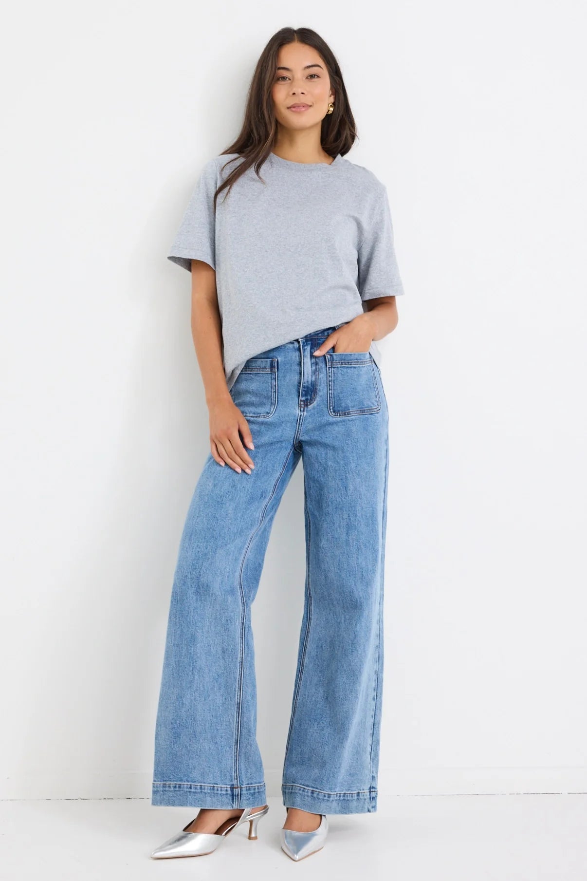 AMONG THE BRAVE ZOEY SIGNATURE BLUE HIGH RISE WIDE LEG POCKET JEAN - THE VOGUE STORE