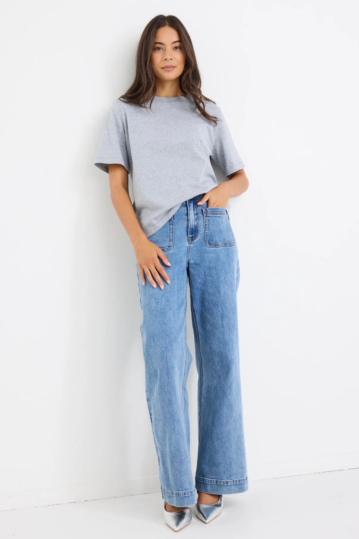 AMONG THE BRAVE ZOEY SIGNATURE BLUE HIGH RISE WIDE LEG POCKET JEAN - THE VOGUE STORE