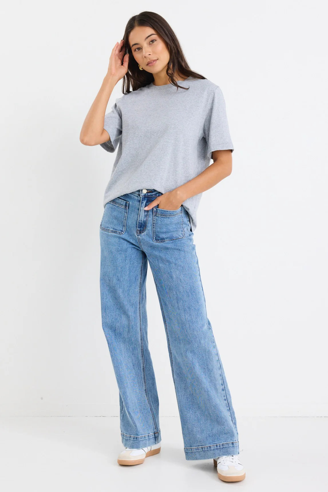 AMONG THE BRAVE ZOEY SIGNATURE BLUE HIGH RISE WIDE LEG POCKET JEAN - THE VOGUE STORE