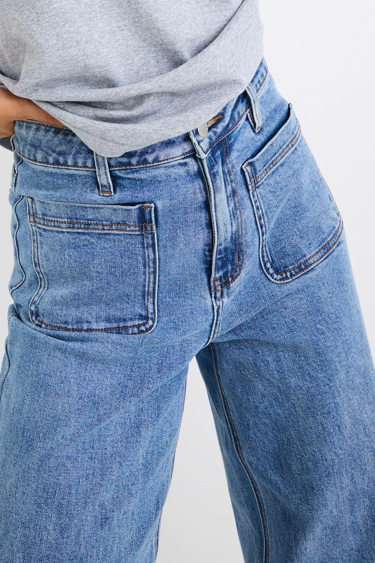 AMONG THE BRAVE ZOEY SIGNATURE BLUE HIGH RISE WIDE LEG POCKET JEAN - THE VOGUE STORE
