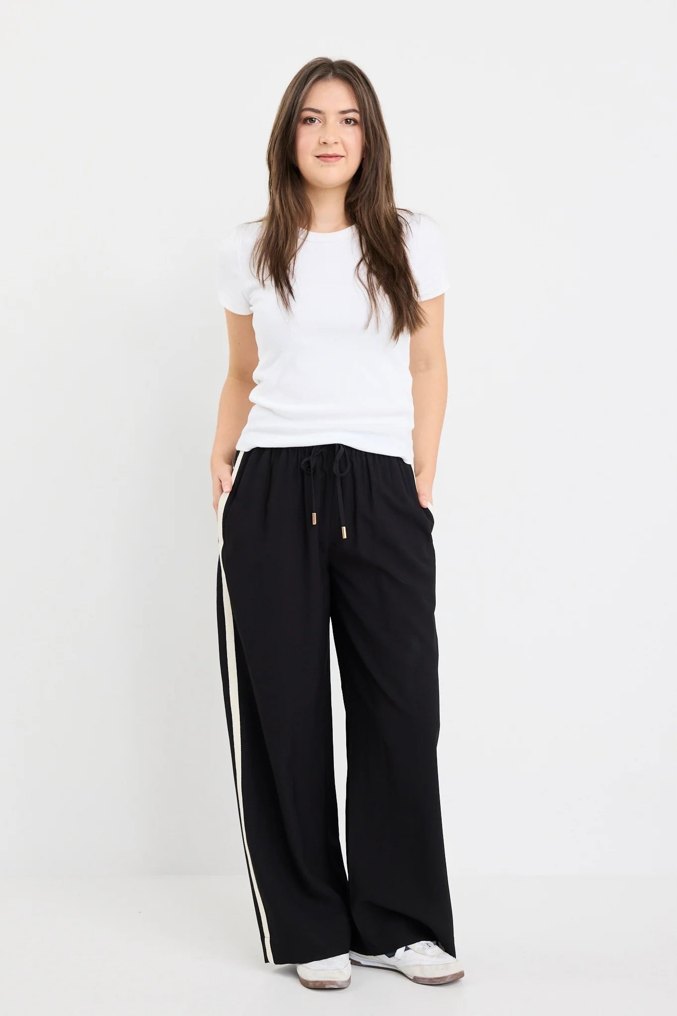 STORIES BE TOLD TOWNIE BLACK MATTE PETITE STRIPE SIDE TAPE WIDE LEG PANTS - THE VOGUE STORE