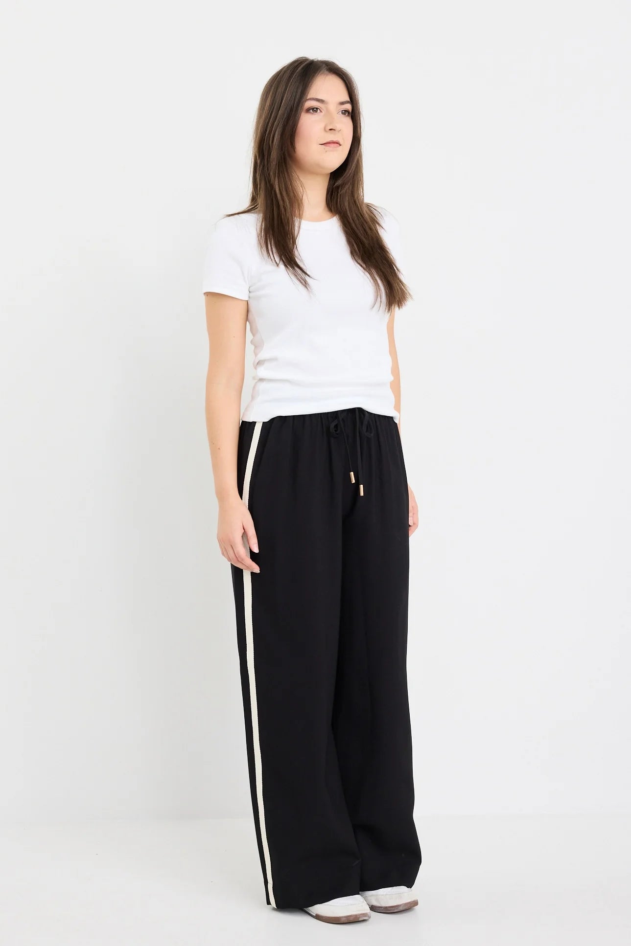 STORIES BE TOLD TOWNIE BLACK MATTE PETITE STRIPE SIDE TAPE WIDE LEG PANTS - THE VOGUE STORE