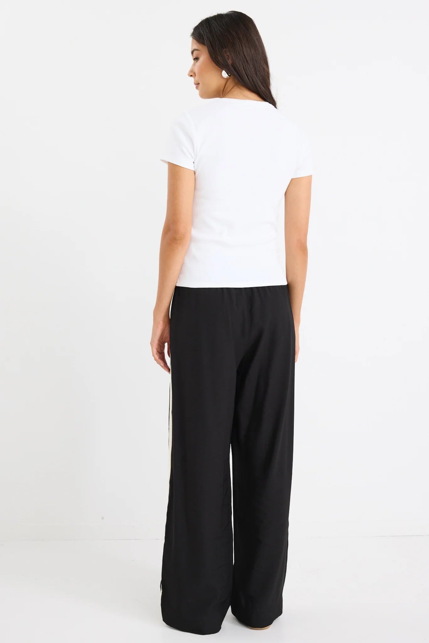STORIES BE TOLD TOWNIE BLACK MATTE STRIPE TAPE WIDE LEG PANTS - THE VOGUE STORE