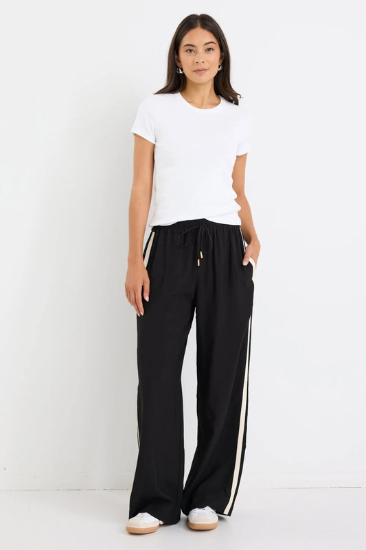 STORIES BE TOLD TOWNIE BLACK MATTE STRIPE TAPE WIDE LEG PANTS - THE VOGUE STORE