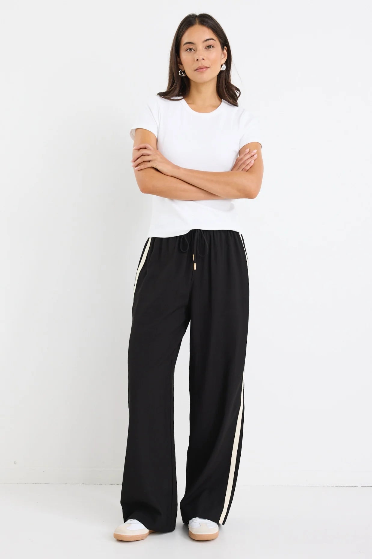 STORIES BE TOLD TOWNIE BLACK MATTE STRIPE TAPE WIDE LEG PANTS - THE VOGUE STORE