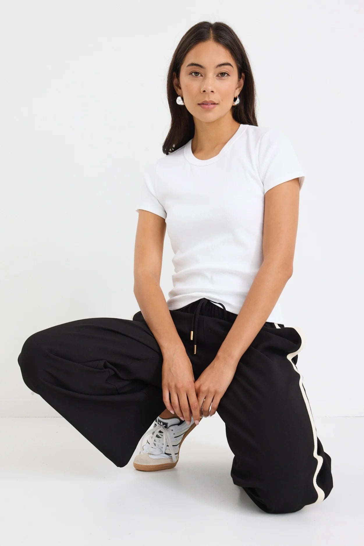 STORIES BE TOLD TOWNIE BLACK MATTE STRIPE TAPE WIDE LEG PANTS - THE VOGUE STORE