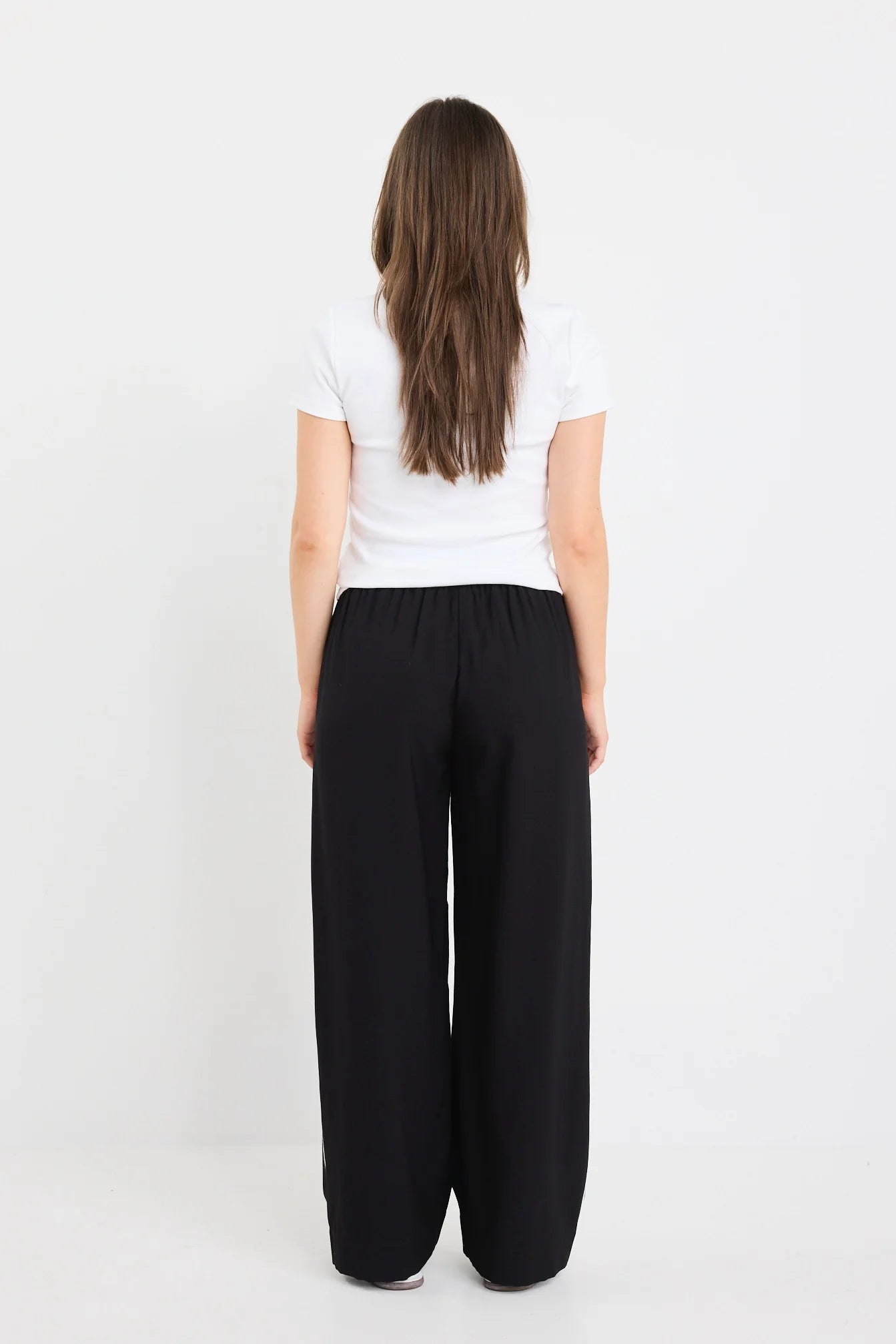 STORIES BE TOLD TOWNIE BLACK MATTE PETITE STRIPE SIDE TAPE WIDE LEG PANTS - THE VOGUE STORE