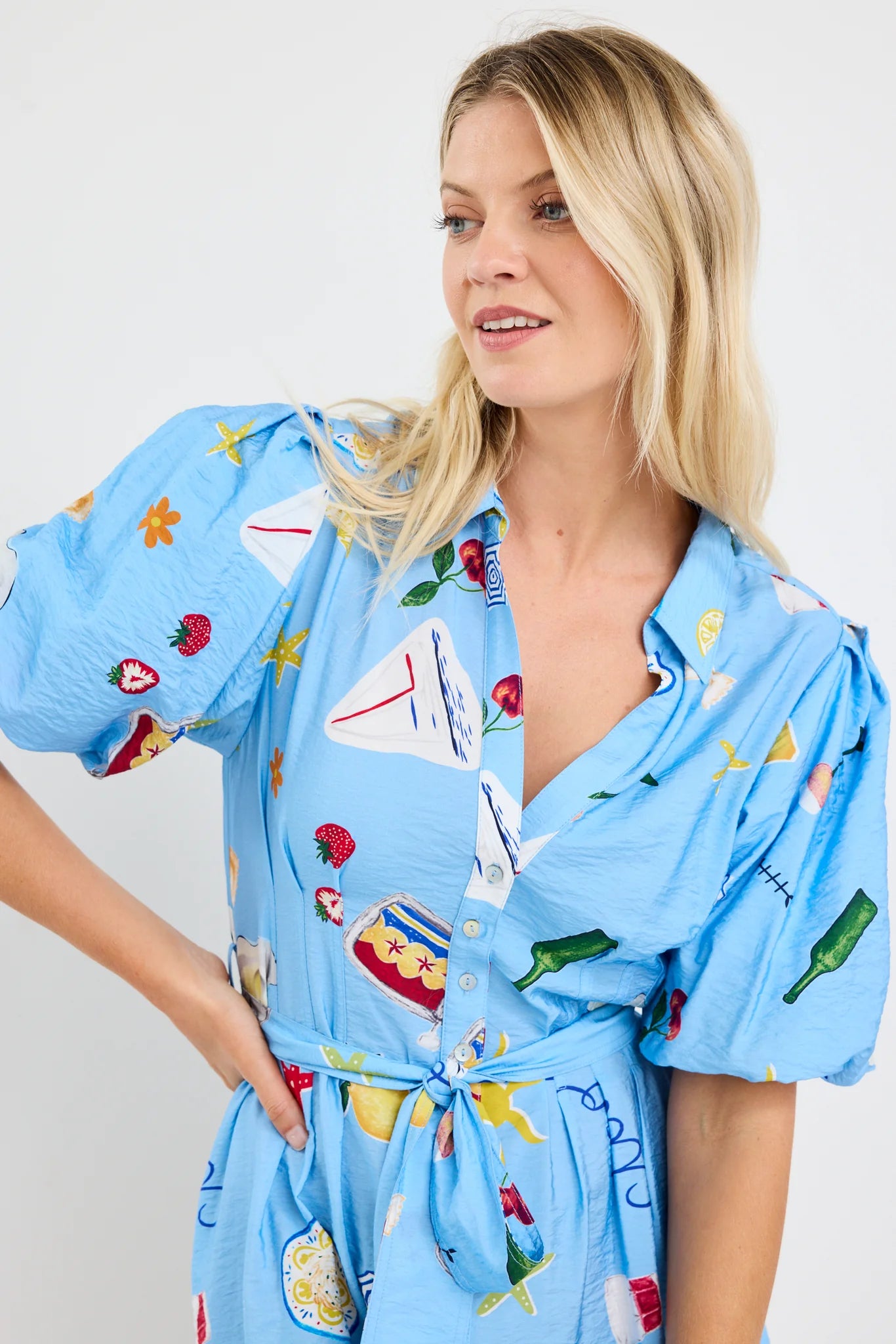 AMONG THE BRAVE SUNDOWN BLUE HOLIDAY PUFF SLEEVE MINI SHIRT DRESS - THE VOGUE STORE