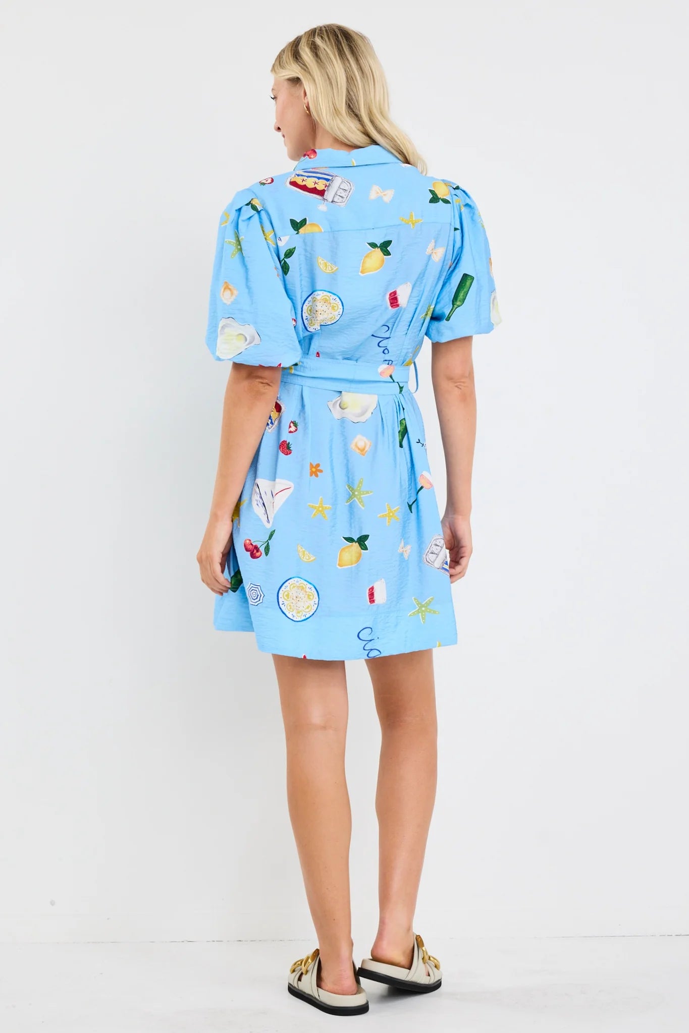 AMONG THE BRAVE SUNDOWN BLUE HOLIDAY PUFF SLEEVE MINI SHIRT DRESS - THE VOGUE STORE
