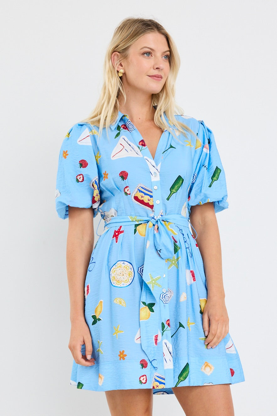 AMONG THE BRAVE SUNDOWN BLUE HOLIDAY PUFF SLEEVE MINI SHIRT DRESS - THE VOGUE STORE