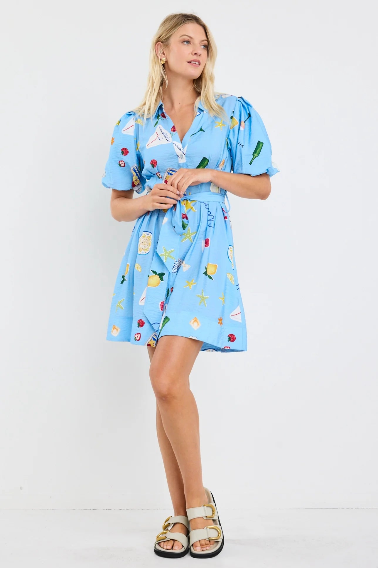 AMONG THE BRAVE SUNDOWN BLUE HOLIDAY PUFF SLEEVE MINI SHIRT DRESS - THE VOGUE STORE