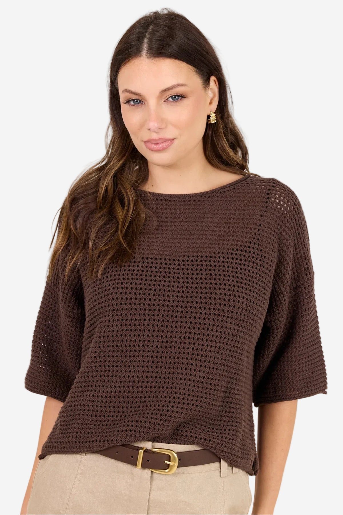 RE:UNION SUNRISE DARK CHOCOLATE SS CROCHET KNIT TOP - THE VOGUE STORE