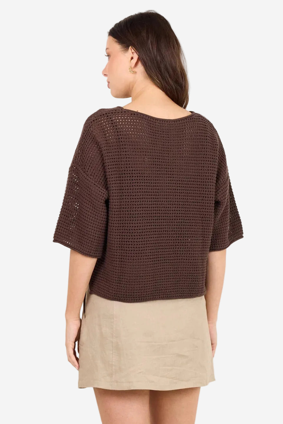 RE:UNION SUNRISE DARK CHOCOLATE SS CROCHET KNIT TOP - THE VOGUE STORE