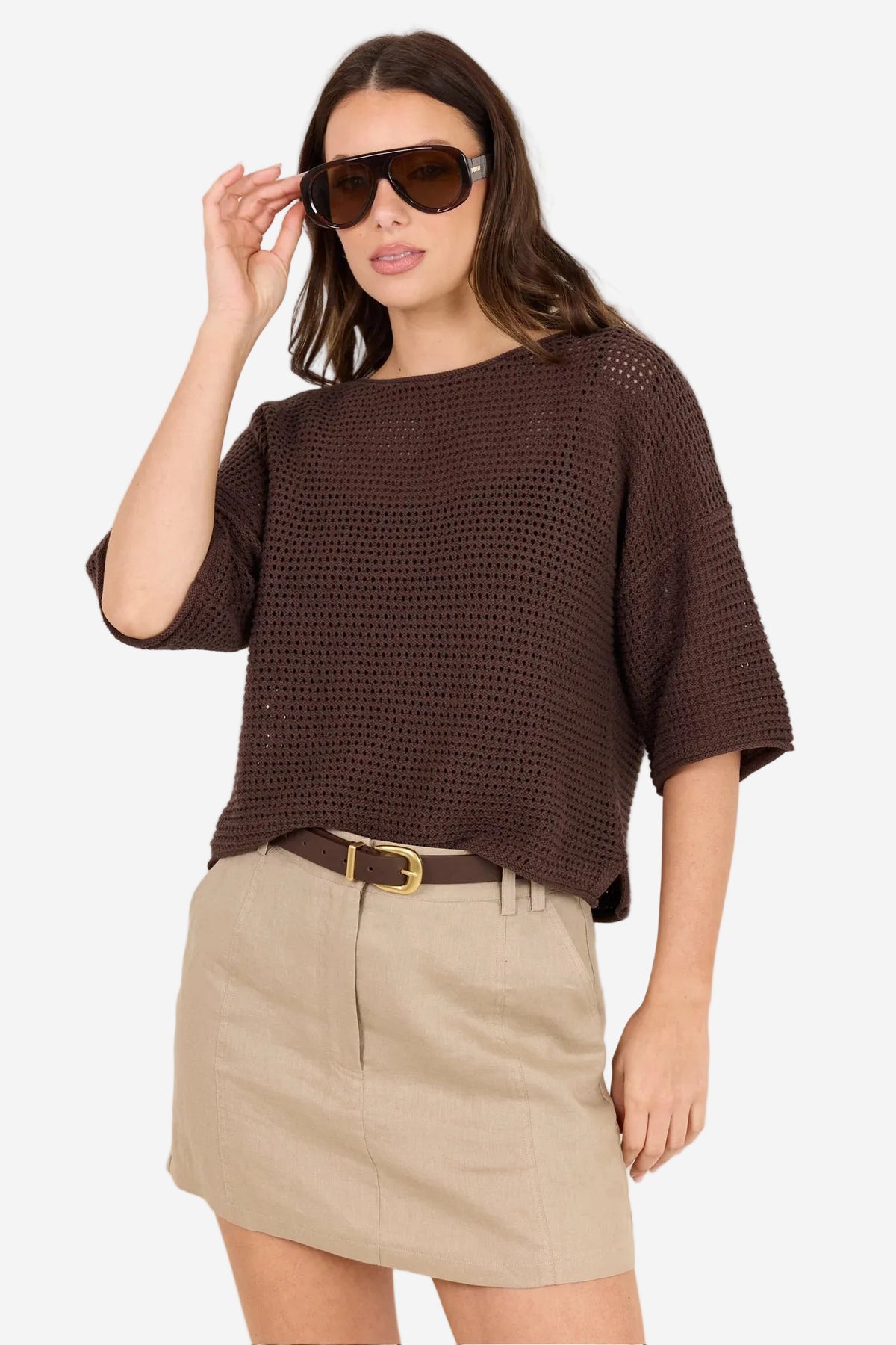 RE:UNION SUNRISE DARK CHOCOLATE SS CROCHET KNIT TOP - THE VOGUE STORE