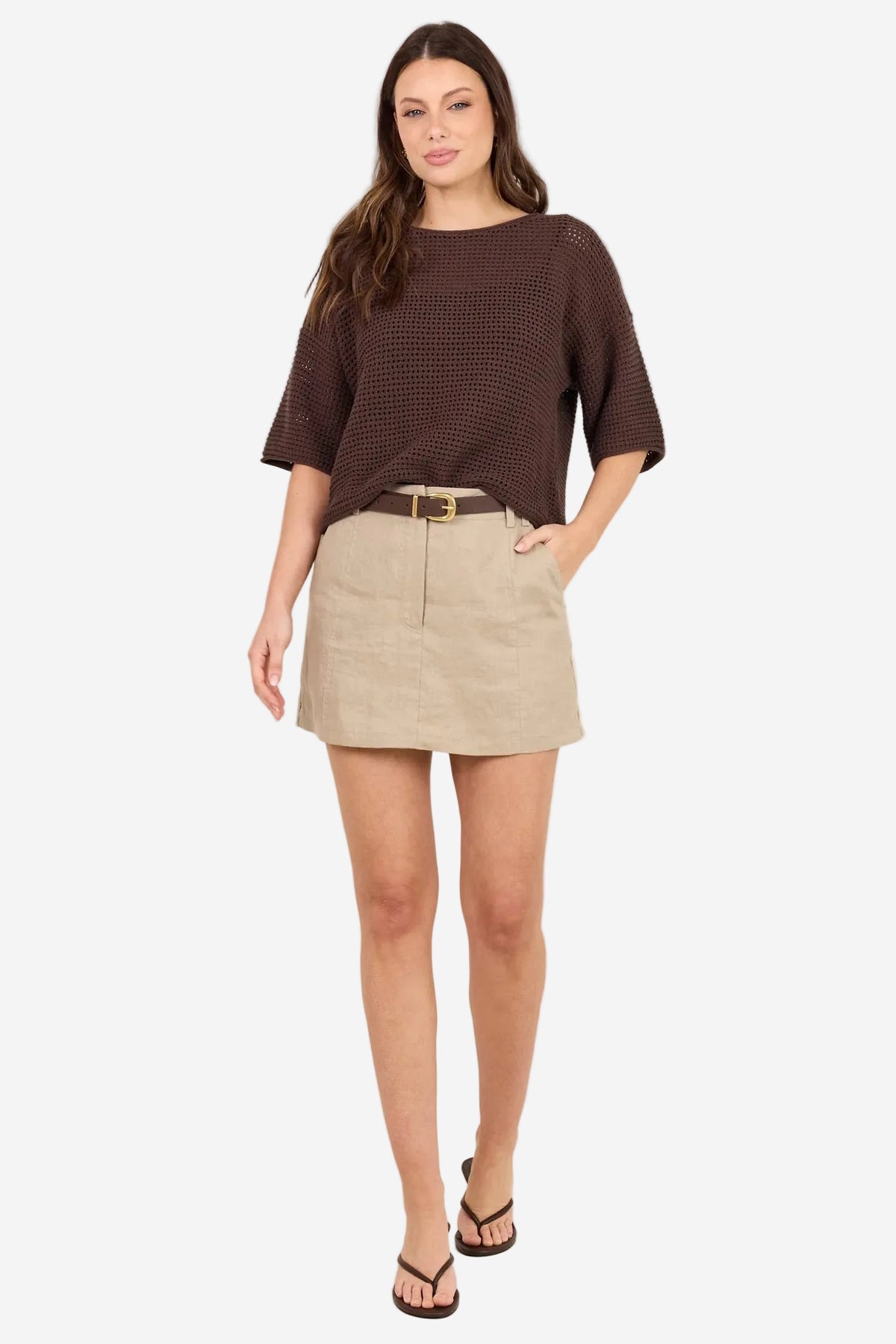 RE:UNION SUNRISE DARK CHOCOLATE SS CROCHET KNIT TOP