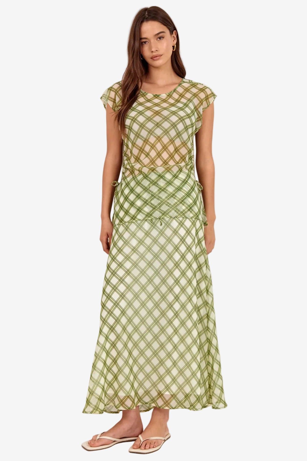 IVY + JACK SYMMETRY AVOCADO CHECK CHIFFON SHEER RUCHED SLEEVELESS TOP - THE VOGUE STORE