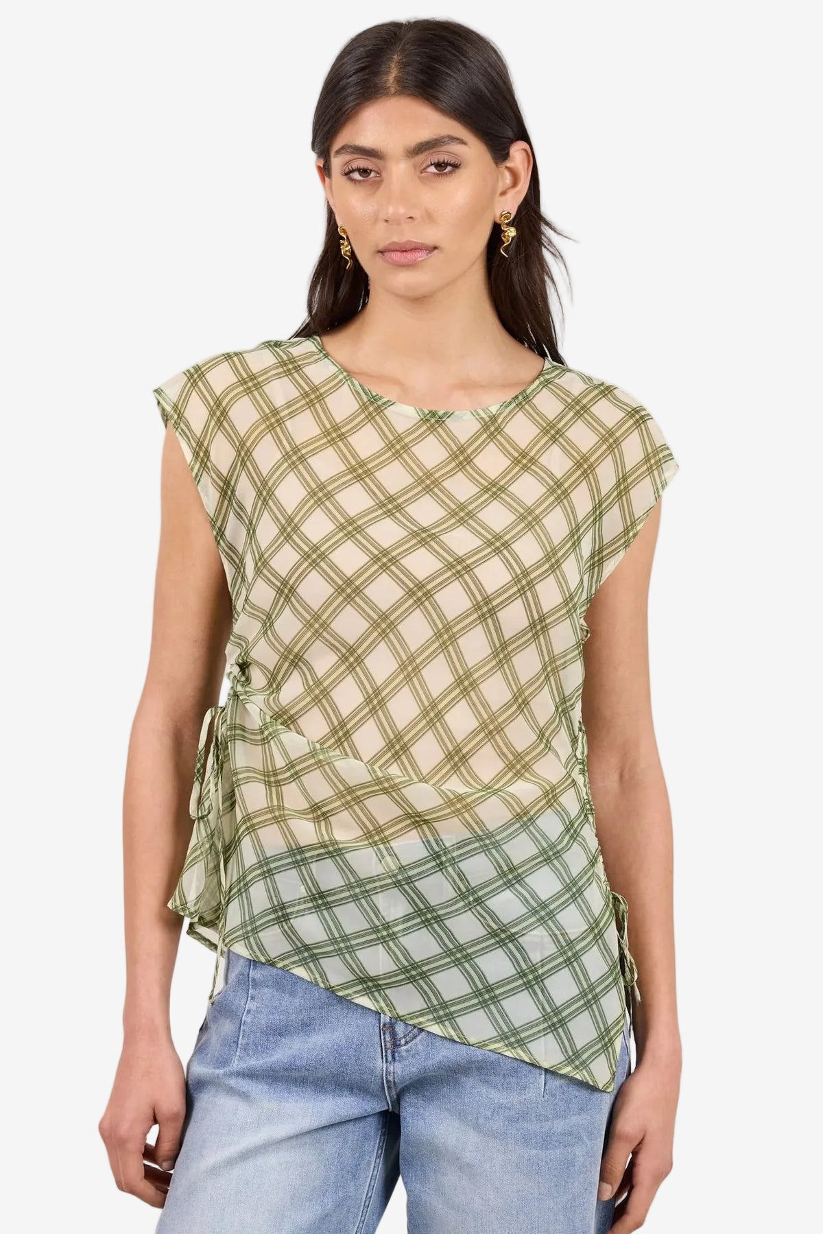 IVY + JACK SYMMETRY AVOCADO CHECK CHIFFON SHEER RUCHED SLEEVELESS TOP - THE VOGUE STORE