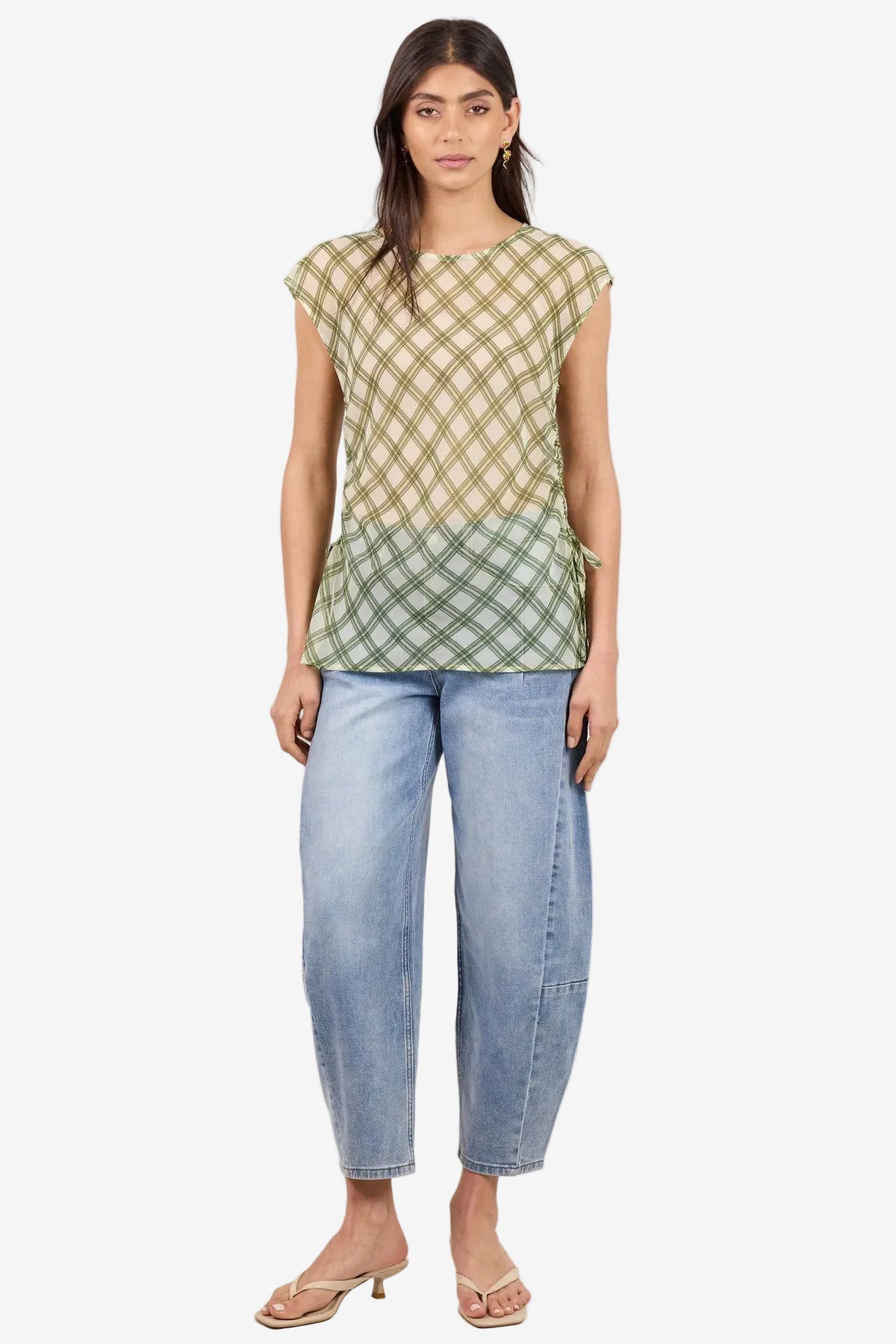 IVY + JACK SYMMETRY AVOCADO CHECK CHIFFON SHEER RUCHED SLEEVELESS TOP - THE VOGUE STORE
