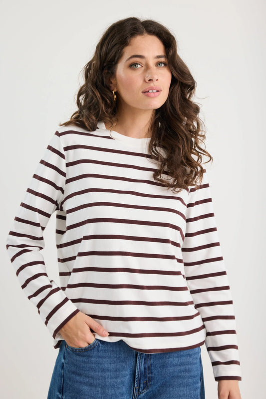 RE:UNION TETHER CHOCOLATE WHITE STRIPE LS BOXY TEE - THE VOGUE STORE