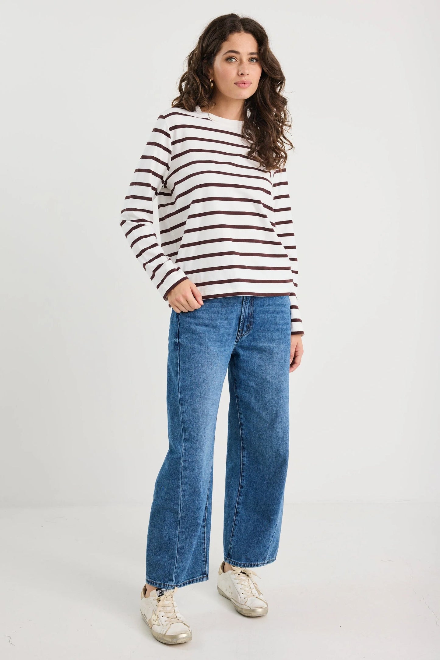 RE:UNION TETHER CHOCOLATE WHITE STRIPE LS BOXY TEE - THE VOGUE STORE
