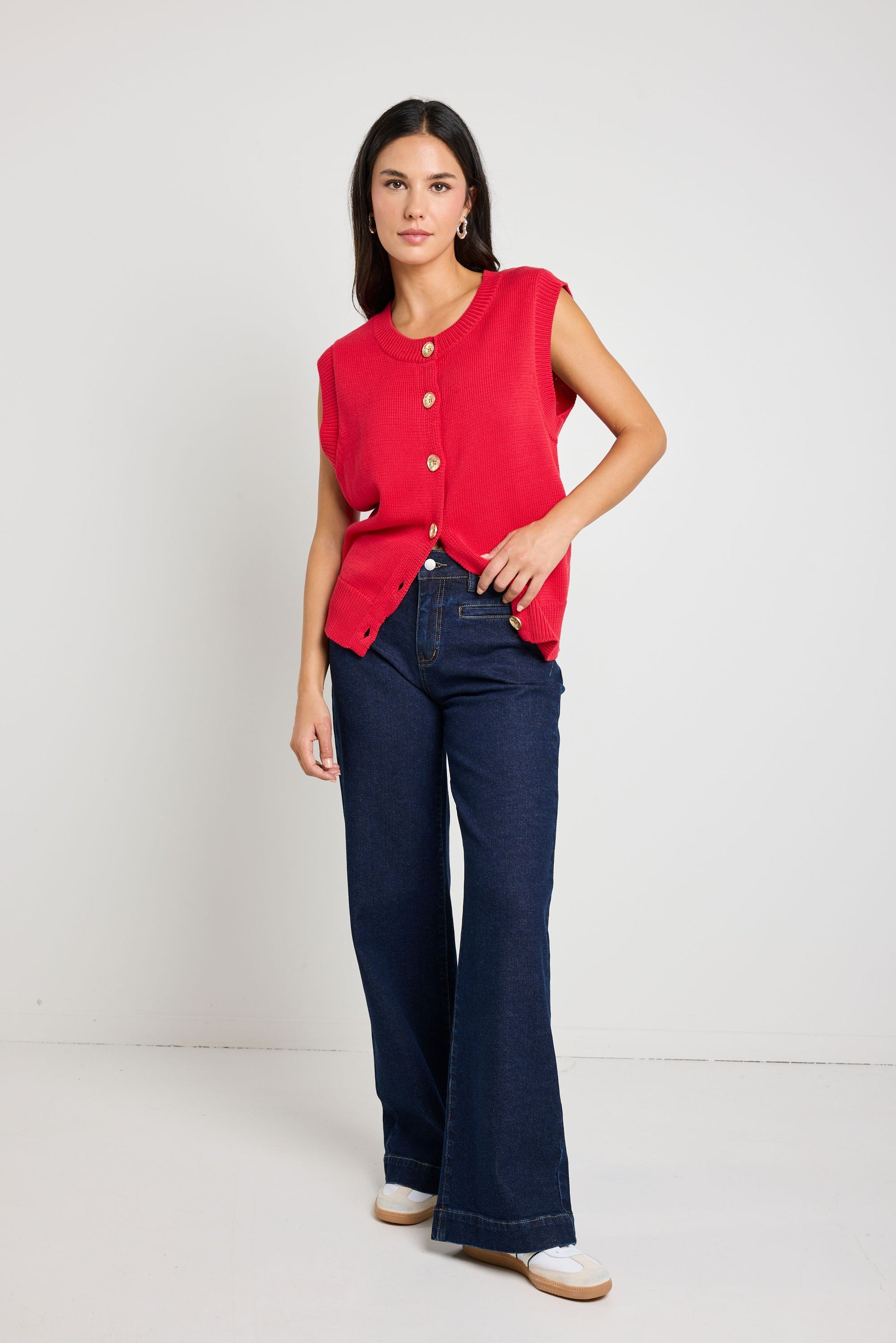 STORIES TO BE TOLD TRAIT CHERRY CREW NECK KNITTED VEST TOP - THE VOGUE STORE
