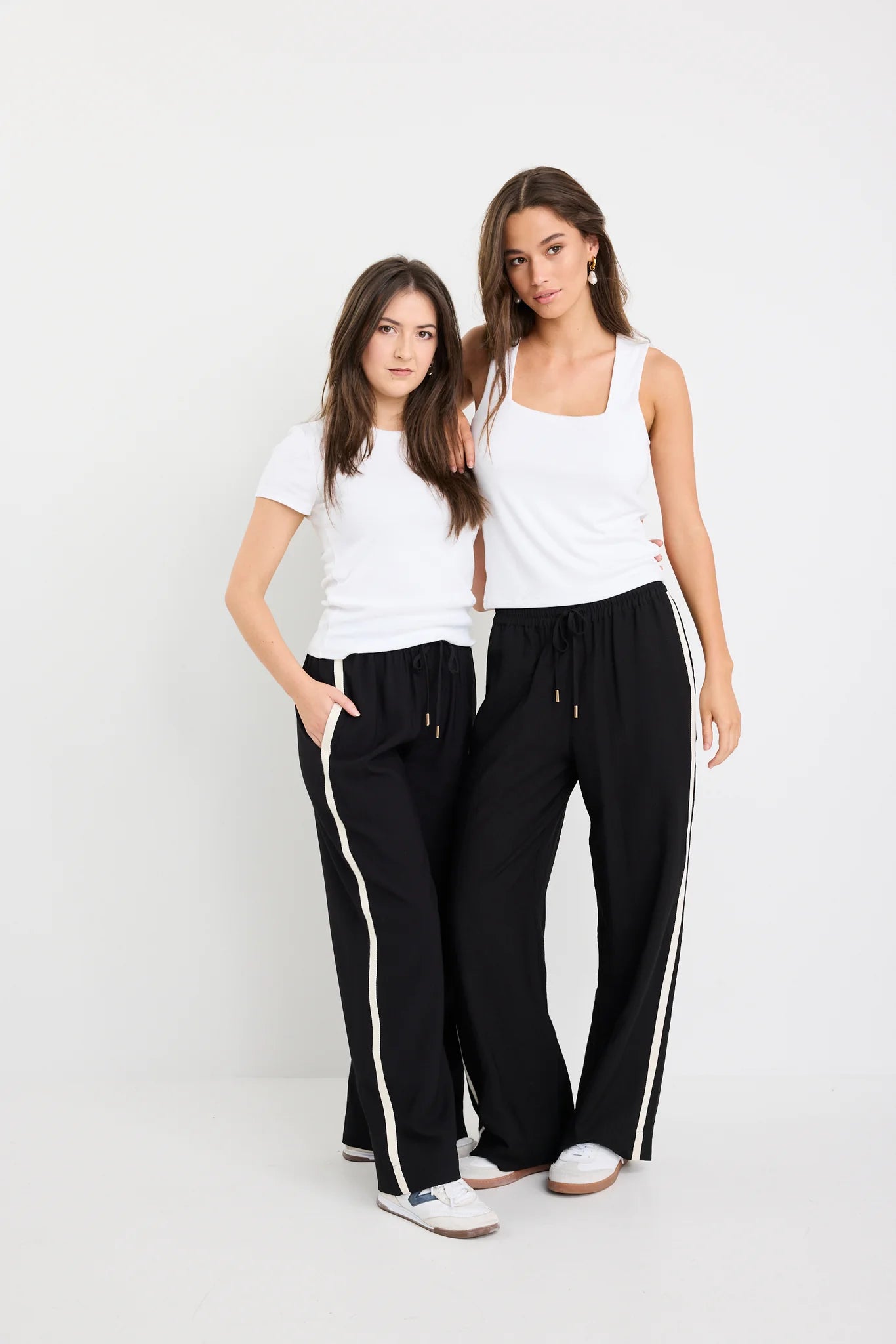 STORIES BE TOLD TOWNIE BLACK MATTE PETITE STRIPE SIDE TAPE WIDE LEG PANTS - THE VOGUE STORE