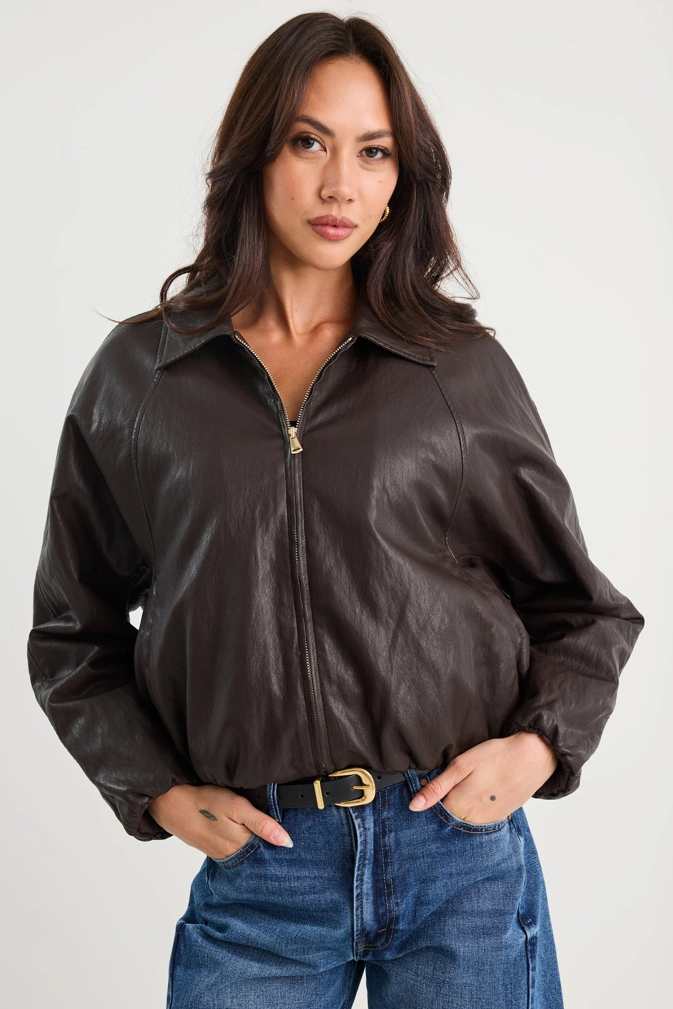 STORIES BE TOLD TROUPE CHOCOLATE PU LEATHER ZIP THROUGH BUBBLE HEM JACKET - THE VOGUE STORE