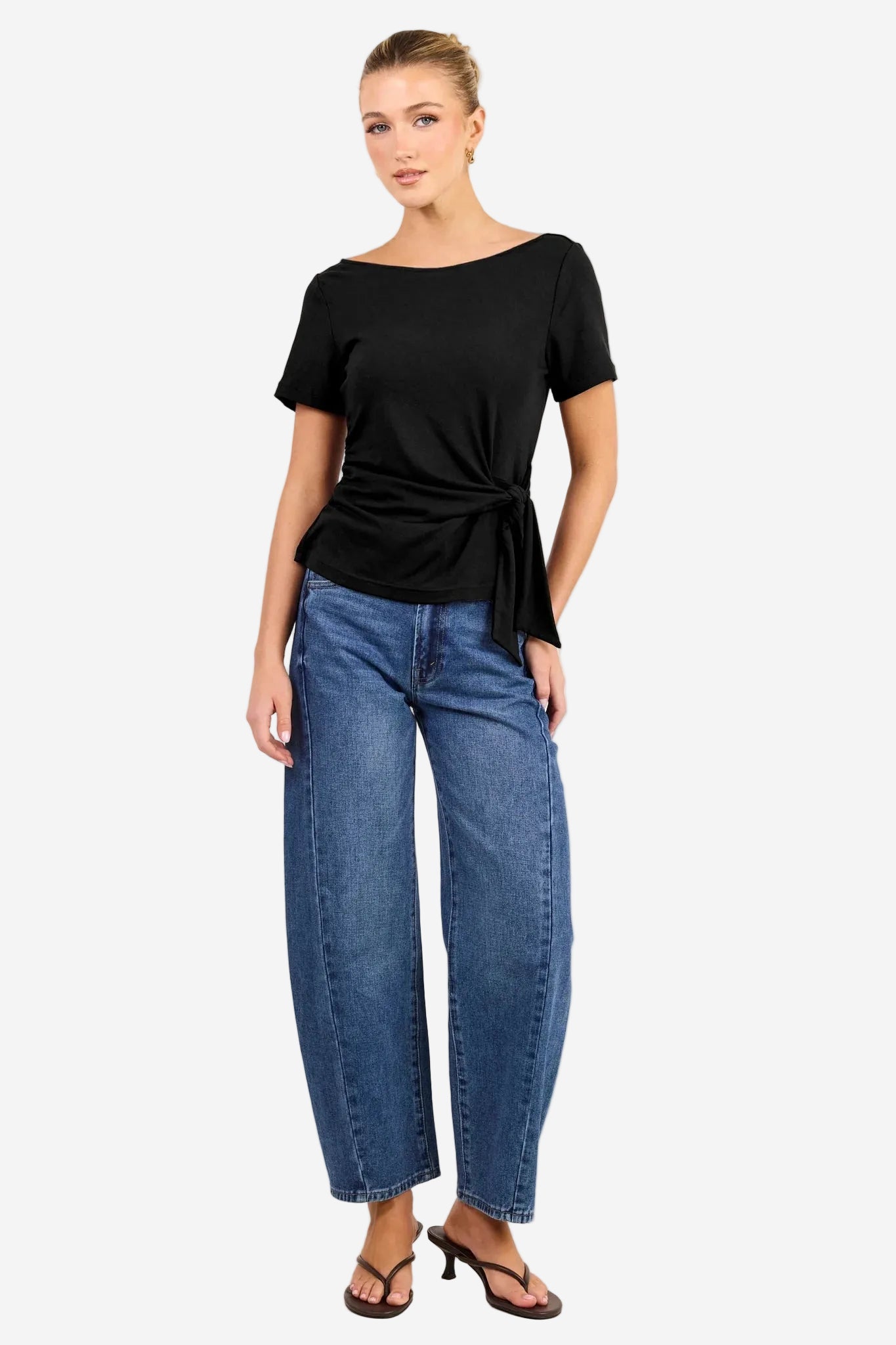 AMONG THE BRAVE TURN BLACK BOAT NECK KNOT FRONT SHORT SLEEVE TOP - THE VOGUE STORE
