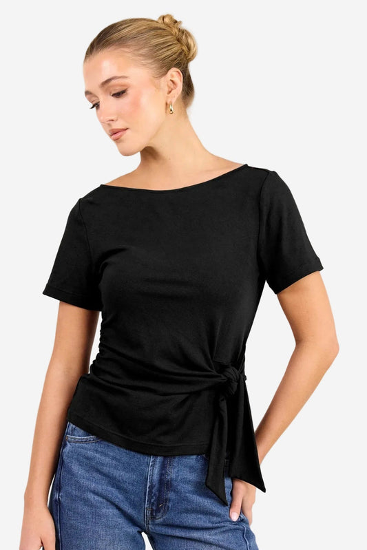 AMONG THE BRAVE TURN BLACK BOAT NECK KNOT FRONT SHORT SLEEVE TOP - THE VOGUE STORE