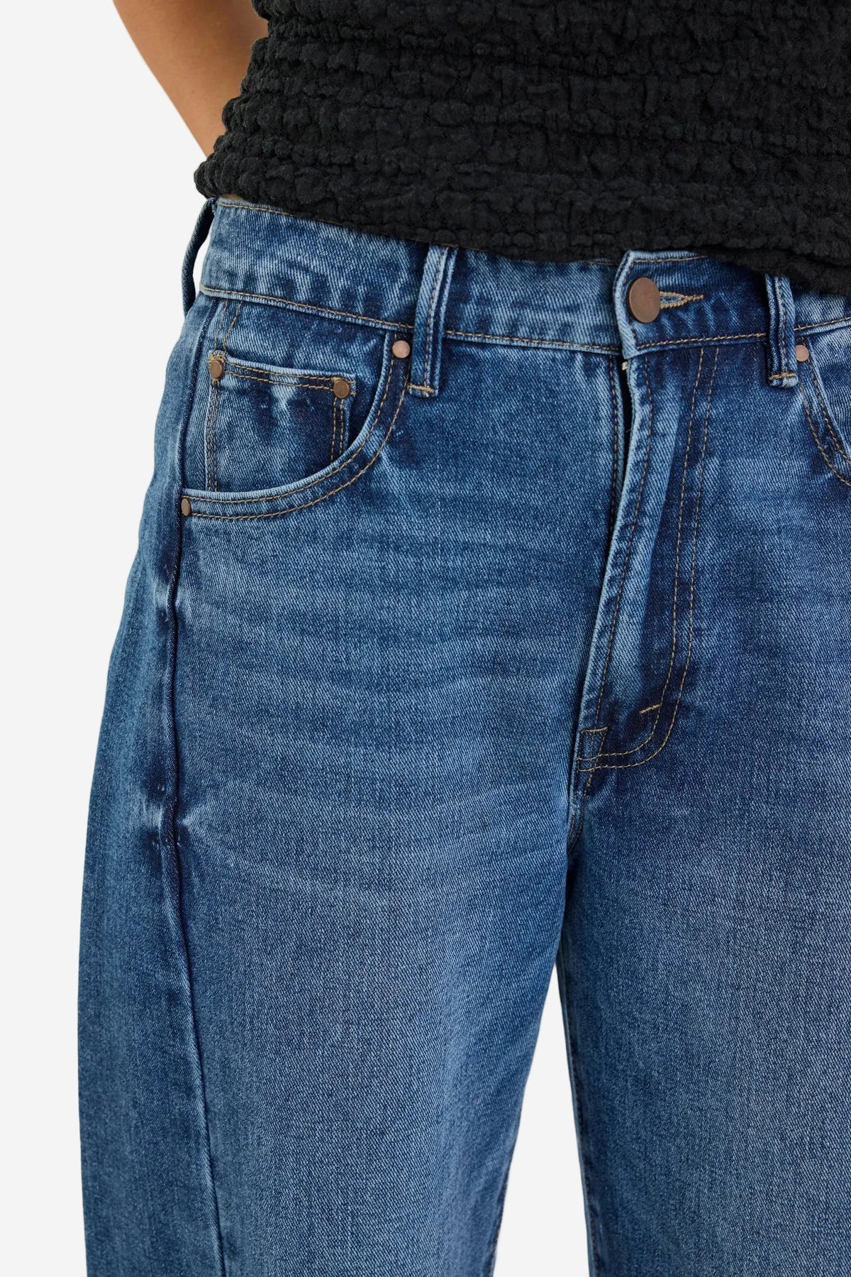 AMONG THE BRAVE VARSITY DEEP BLUE FORWARD SEAM BARREL JEANS - THE VOGUE STORE