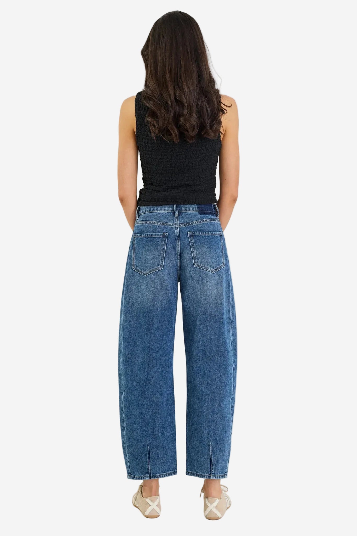 AMONG THE BRAVE VARSITY DEEP BLUE FORWARD SEAM BARREL JEANS - THE VOGUE STORE