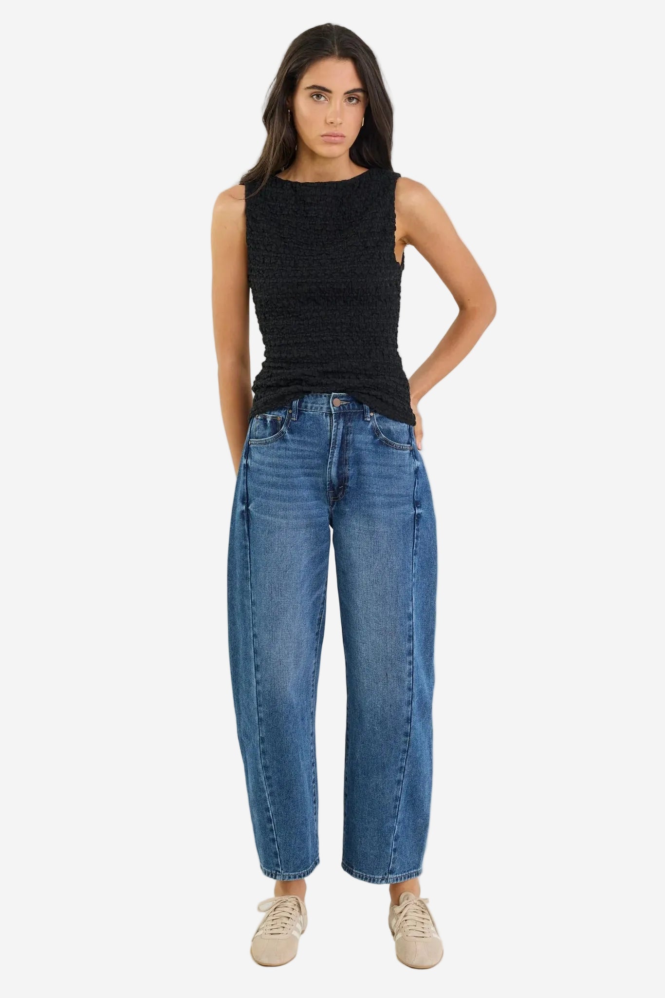 AMONG THE BRAVE VARSITY DEEP BLUE FORWARD SEAM BARREL JEANS - THE VOGUE STORE