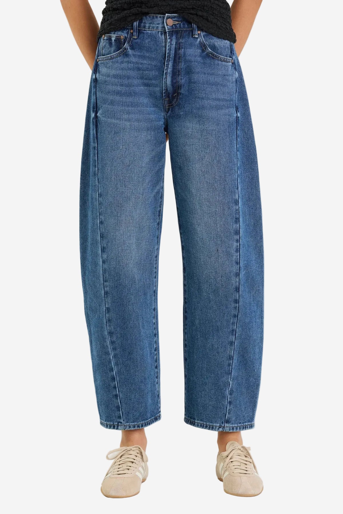 AMONG THE BRAVE VARSITY DEEP BLUE FORWARD SEAM BARREL JEANS - THE VOGUE STORE