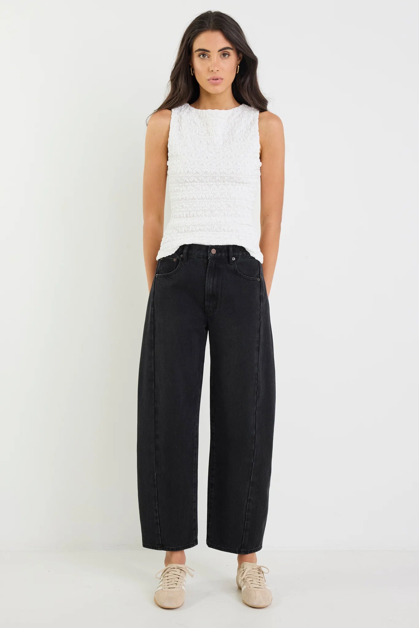 AMONG THE BRAVE VARSITY BLACK WASH FORWARD SEAM BARREL JEANS - THE VOGUE STORE