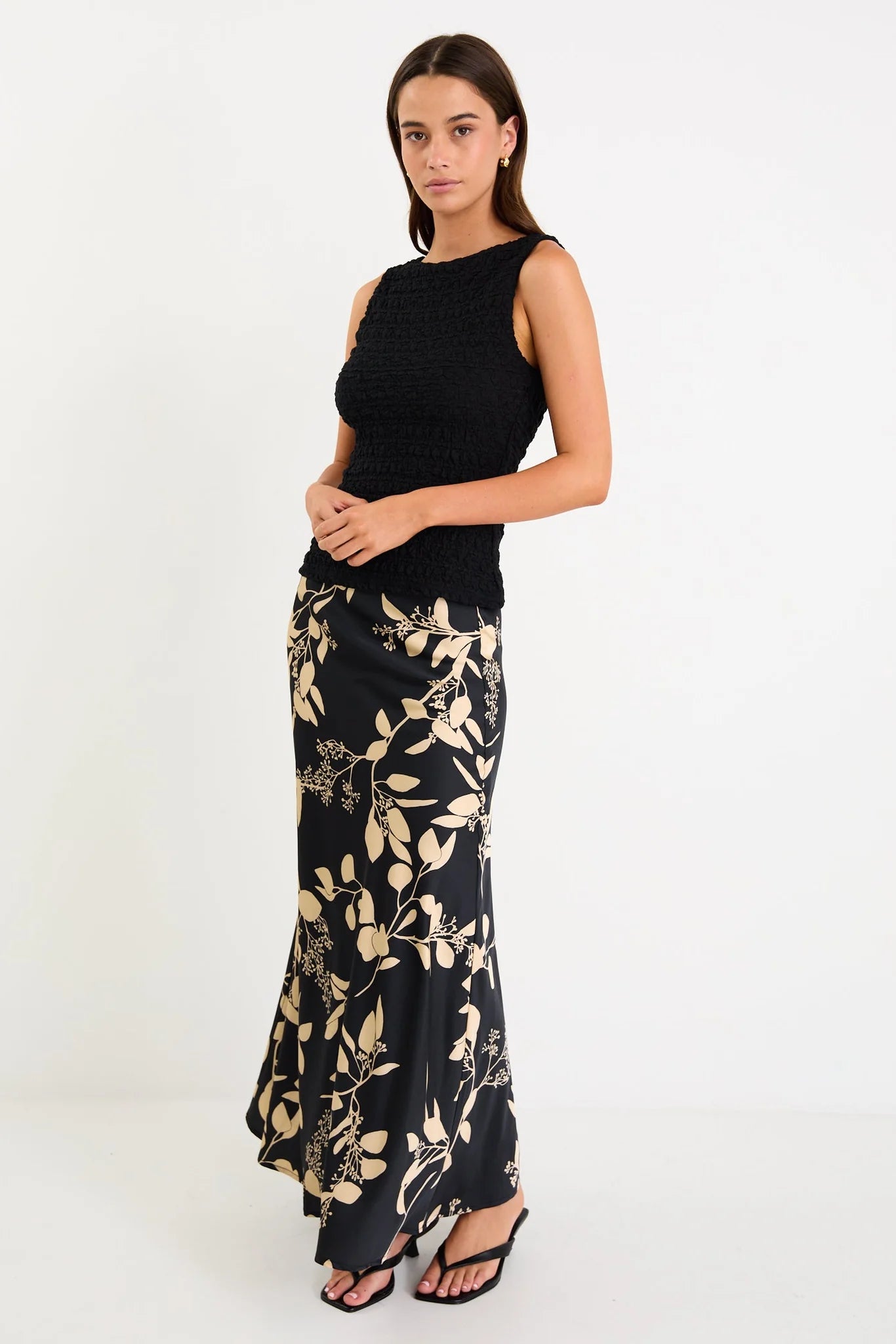 STORIES BE TOLD PRODIGY SATIN BIAS CUT MAXI SKIRT- BLACK BEIGE FLORAL - THE VOGUE STORE