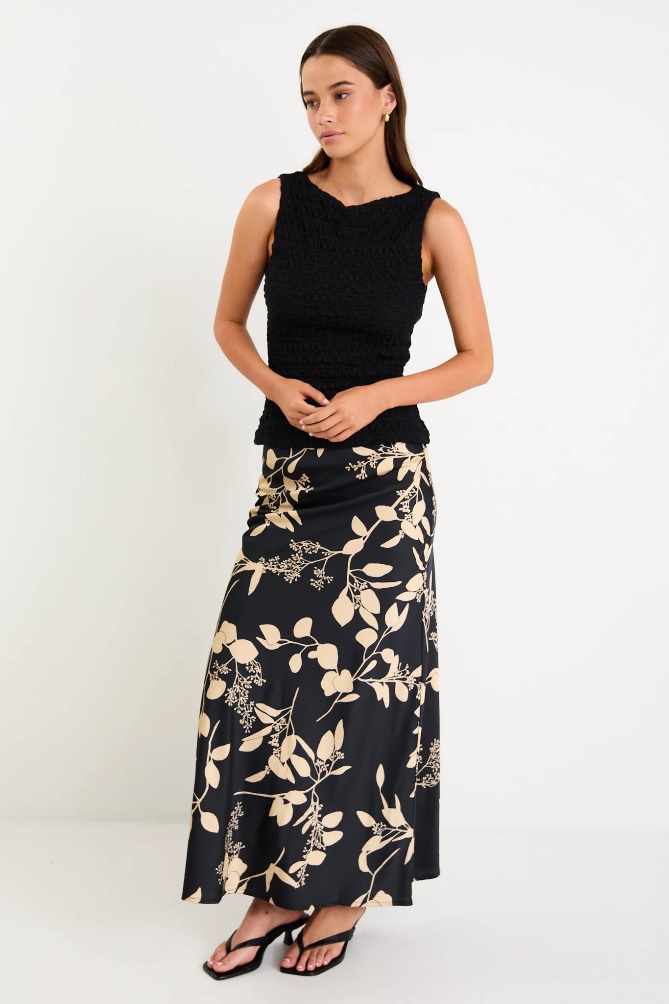 STORIES BE TOLD PRODIGY SATIN BIAS CUT MAXI SKIRT- BLACK BEIGE FLORAL - THE VOGUE STORE