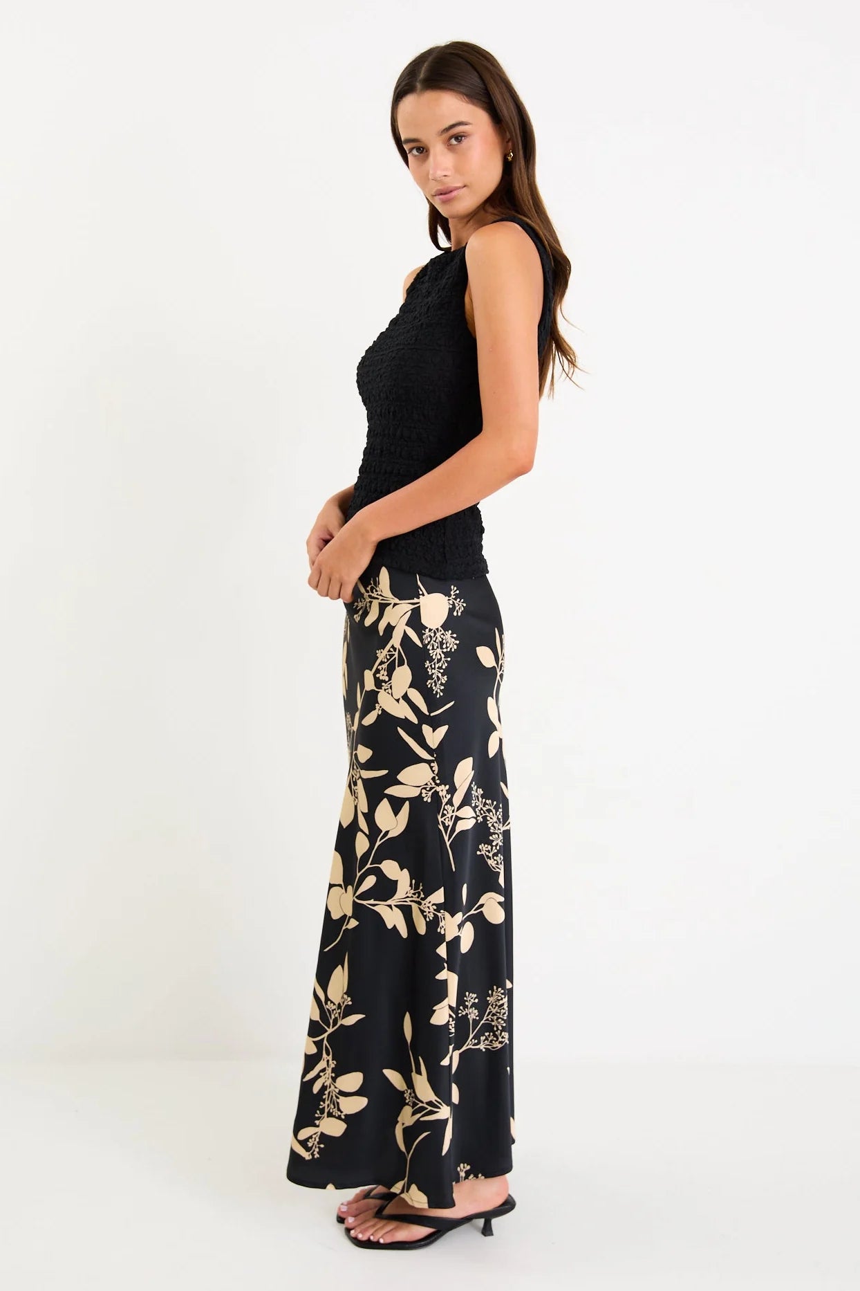 STORIES BE TOLD PRODIGY SATIN BIAS CUT MAXI SKIRT- BLACK BEIGE FLORAL - THE VOGUE STORE
